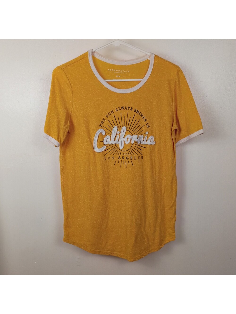 Vintage Aeropostale New York Graphic Ringer T-Shirt Mustard Yellow Y2K Cotton M